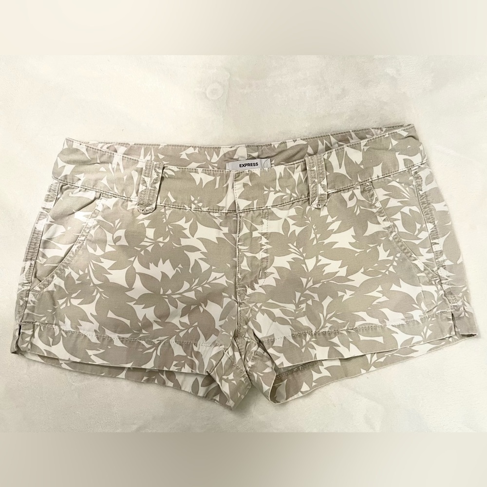 Express Tropical, khaki, and white ladies Bermuda shorts size 10